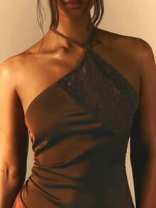 Athîral Women's Casual Brown Satin Contrast Lace Halter Mini Dress, Relaxed Holiday Style, Asymmetric Hem - Brown - View 5