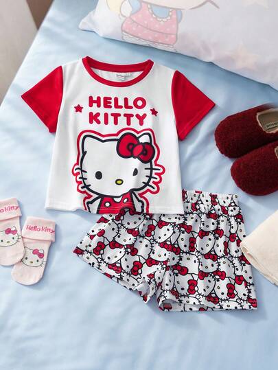 HELLO KITTY AND FRIENDS | SHEIN Young Girl Cartoon Letter Print Contrast Color Short Sleeve T-Shirt And Shorts Pajama Set, Summer