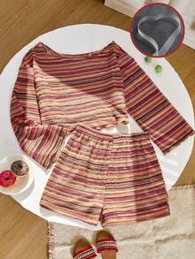 SHEIN 2件套少女针织镂空条纹里衬不对称肩长袖T恤和短裤套装，休闲，双层缝制不透明，适合春夏日常穿着 - 彩色 - 查看 2