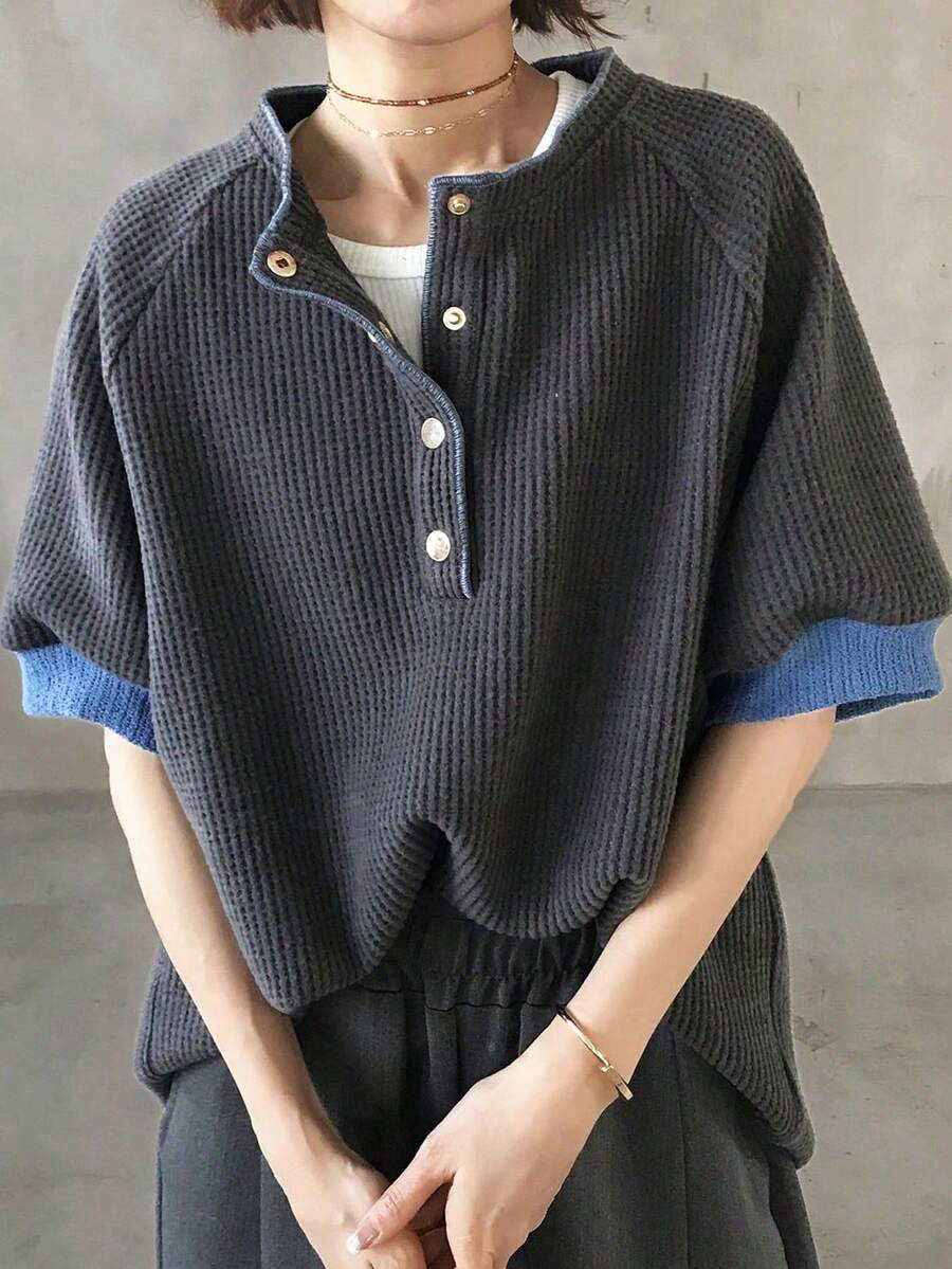 FRIFUL Áo thun nữ dáng rộng, chất liệu vải waffle, tay raglan, cổ bẻ nửa thân, viền tương phản, thích hợp mặc đi làm, mùa hè. - Xám - Xem 1