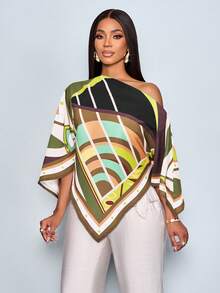 SOLERSUN 女士春夏休闲优雅杏色印花不对称领口不对称下摆衬衫，露肩开衩袖设计，宽松时尚。几何花卉印花蝙蝠袖，全新百搭款式。适合春夏穿着，日常通勤及外出活动皆宜。 - 軍綠色 - 查看 6