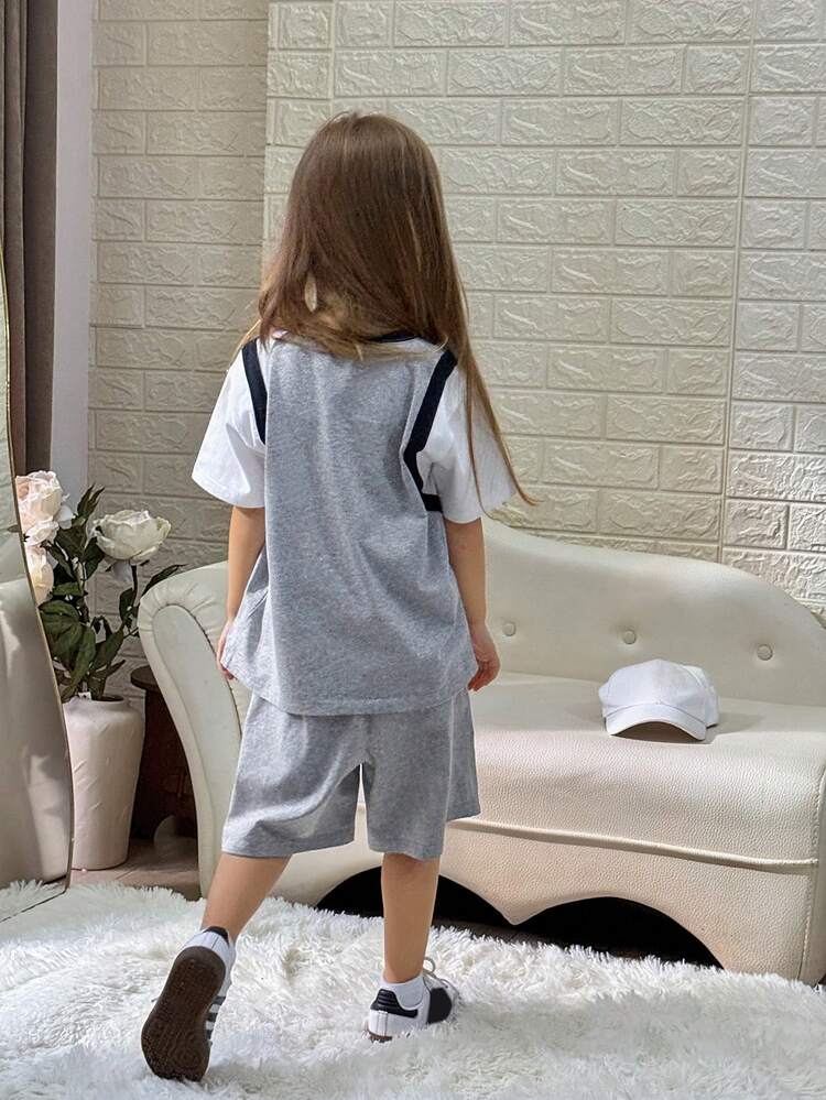 Young Girls Summer Sports Set, Letter Print Korean Style Short Sleeve T-Shirt Set