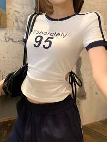 DAZY 女士圆领字母数字印花褶皱扭结设计休闲百搭日常短袖T恤 夏季 - 白色 - 查看 3