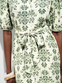 Aveloria Modichic Rochie elegantă de damă pentru navetă, zi de zi și vacanță, cu imprimeu minimalist, rever, mânecă bufantă, talie strânsă și nasturi în față - Verde - Vizualizare 5