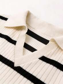 INAWLY 女士休闲优雅针织翻领条纹背心 - 黑與白 - 查看 4