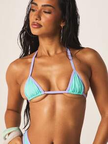 MISSGUIDED Bộ bikini màu bạc hà dành cho nữ với áo tam giác viền tím tương phản và quần dây cạp cao, thích hợp cho đi biển mùa hè. - Màu xanh lam - Xem 4