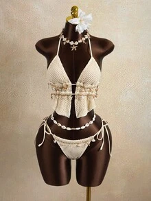 Bộ bikini 2 mảnh mùa hè dành cho nữ, chất liệu vải lưới, kiểu dáng thường ngày, buộc dây cổ. - Màu be - Xem 3