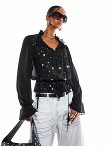 LYSMO Áo kiểu nữ cổ chữ V tay dài xếp nếp thắt nơ phía trước, chất liệu xuyên thấu. - màu đen - Xem 5