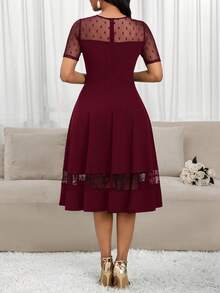 SHEIN Lady 女士网纱拼接短袖A字连衣裙 - 酒紅色 - 查看 2