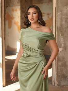 Aureia Đầm dạ hội dáng đuôi cá trễ vai sang trọng, thanh lịch bằng chất liệu satin, cỡ lớn, thích hợp cho đám cưới, tiệc tùng, kỳ nghỉ, dạ hội, hoặc làm đầm phù dâu. - màu xanh lá - Xem 3