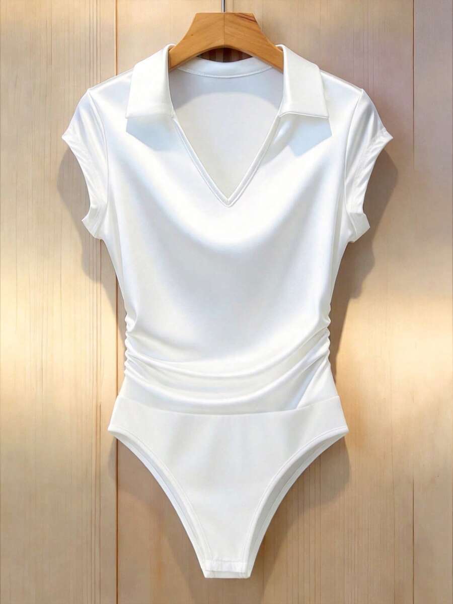 Franclia 女士夏季时尚褶皱奢华收腰Polo领连体衣 - 白色 - 查看 1