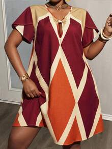 Slaydiva 宽松版型绿色A字斜纹度假休闲连衣裙，采用无弹力编织工艺和打结细节设计，适合大码女性，夏季连衣裙 - 棕色 - 查看 2