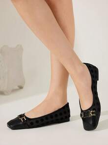 CUCCOO CHICEST Square Toe Loafers, Soft Sole Mesh Strap Fashionable Elegant Versatile Comfortable Slip-On Apricot Flat Shoes - Black - View 7