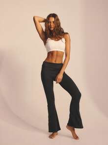 Aralina 休闲喇叭裤型翻边腰带运动春夏度假沙滩裤打底裤炭灰色 - 藍色 - 查看 7