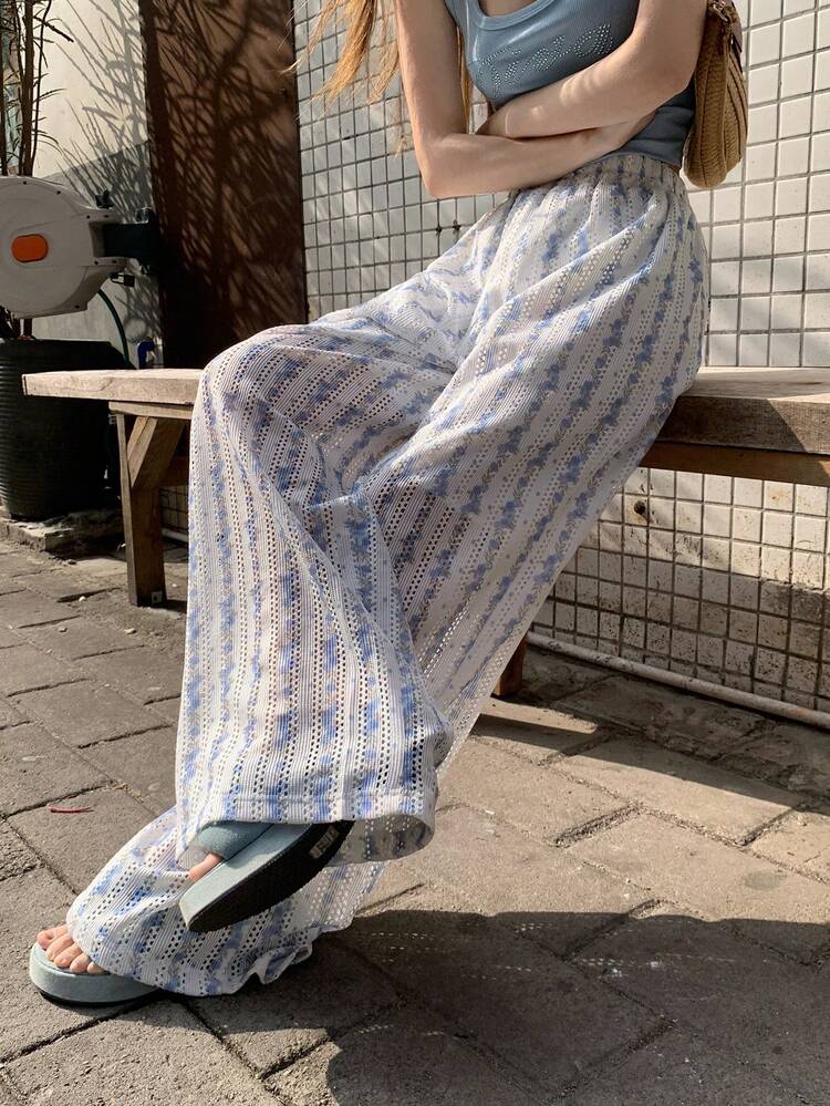 Floral & Striped Pattern Loose Wide Leg Pants, Elastic Waist Casual Summer Trousers For Women Boho