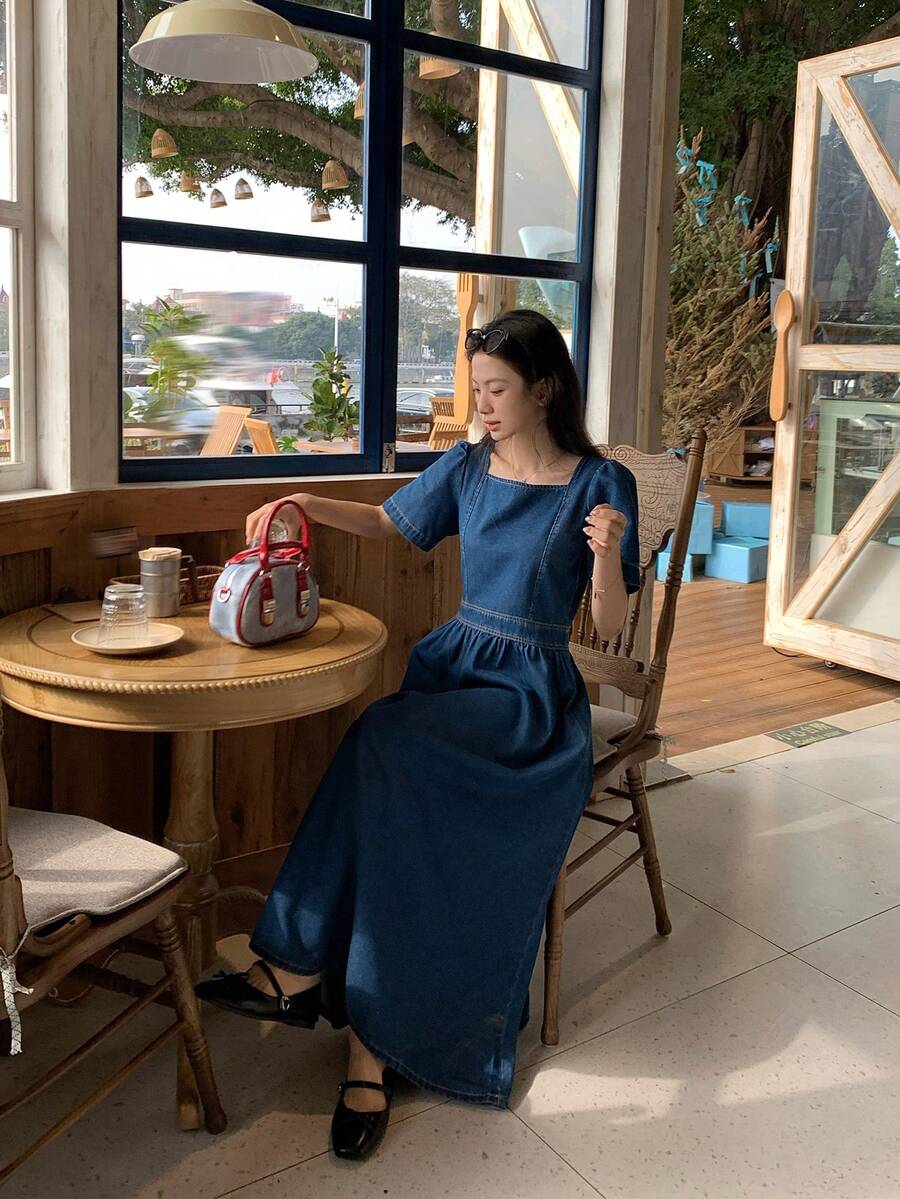 DAZY 复古方领拉链后背收腰花瓣袖牛仔连衣裙，女士夏季款 - 藍色 - 查看 1