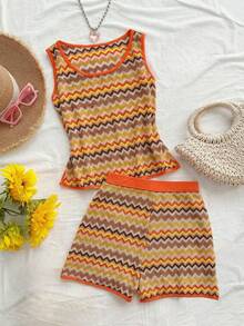 GlowEve Conjunto casual de 2 piezas de top de tirantes con cuello redondo y rayas onduladas, y shorts para mujer - Naranja - Ver 8