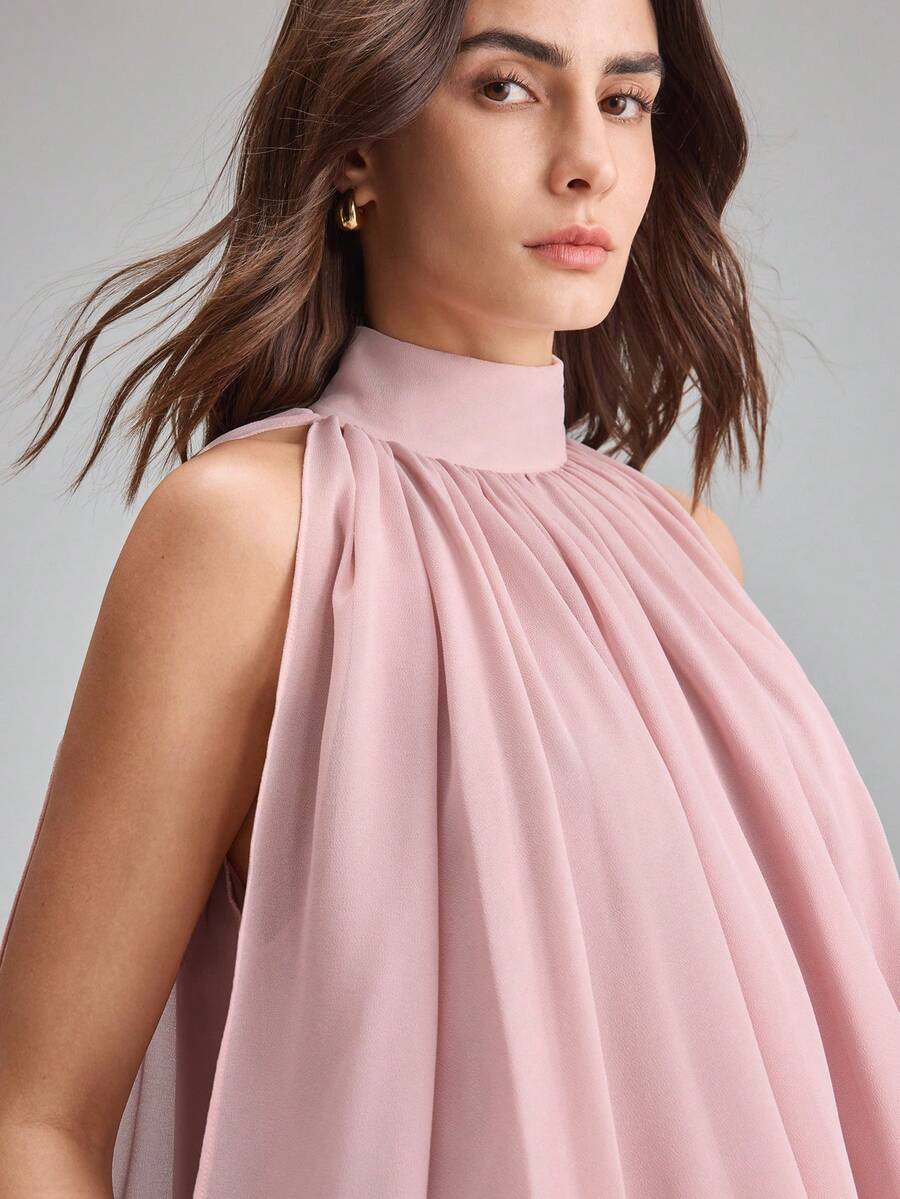 Ontre 2026 New Early Spring Pink Off-Shoulder Wrinkle-Resistant Chiffon Blouse With Bow Tie Back, Suitable For Modern Urban Parties, Back To School Season, Weddings, Casual Minimalist Fashion, Bohemian Style, Vacation, Festivals, Spring - Pink - View 1