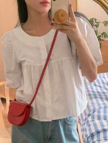 DAZY Women Solid Color Short Sleeve Shirt, Business Casual Summer,Ruffle - White - View 7
