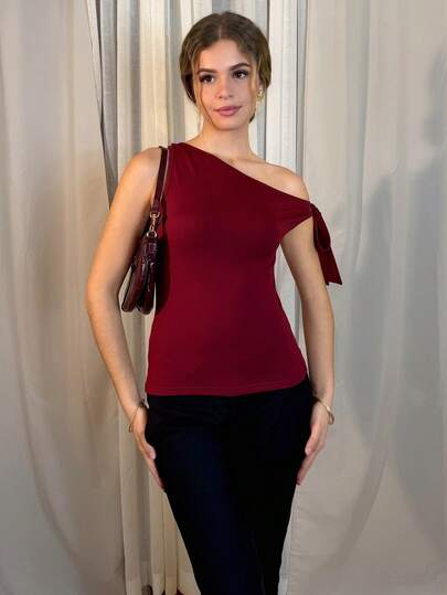 Aless PB 女士优雅纯色细肩带T恤，夏季