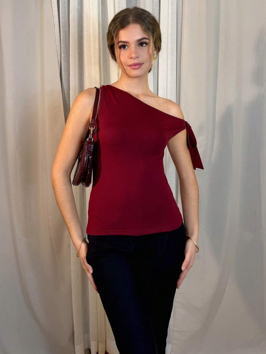 Aless PB Camiseta de tirantes finos de unicolor elegante para mujer, para el verano - Burdeos - Ver 1