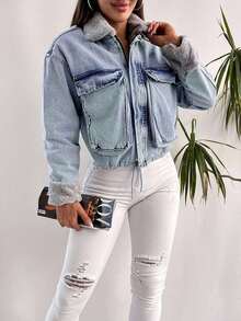 EURMUSE 100%Cotton Fuzzy Collar Flap Pocket Drop Shoulder Denim Jacket - Light Wash - View 5