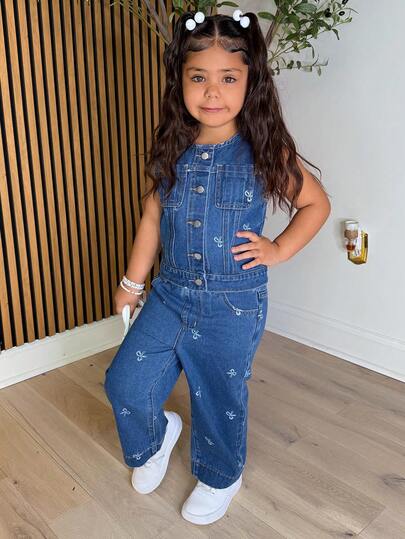 DAZY Conjunto informal de chaleco con lazo y pantalones vaqueros holgados para niña