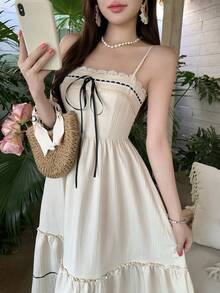 FRIFUL Women's Spaghetti Strap Lace Patchwork Bow Tie Front A-Line Dress, Vacation Style Maxi Dress - White - View 2