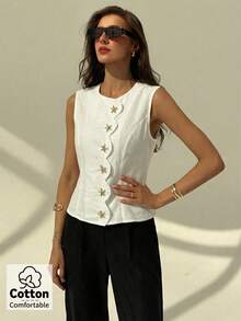 Aloruh Women's Cotton Casual Daily White Star Metal Decor Blazer Jacket, Spring/Summer - White - View 8