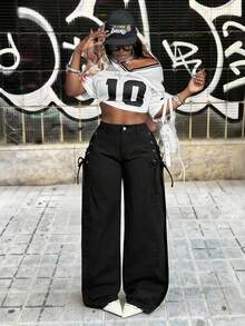 Slaydiva 女士高腰侧边系带阔腿宽松休闲牛仔裤 - 黑色 - 查看 1