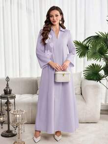 Al Najma Women's Elegant 3D Floral Decor Long Sleeve Arabic Style Dress - Purple - View 4