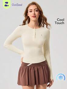 OutZeal Women Sports Tee Yoga Gym Wear Cool Touch Long Sleeve Henley Shirt - Apricot - View 9