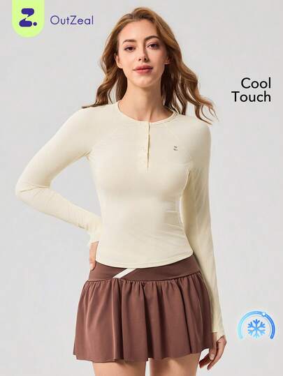 OutZeal Women Sports Tee Yoga Gym Wear Cool Touch Long Sleeve Henley Shirt