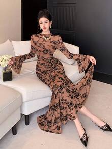 Brown Flocked Mesh Floral Print Lace Dress, Elegant Fit & Flare Midi Dress With Flare Sleeves, Suitable For Wedding, Party, Music Festival, Commute, Spring & Summer - Brown - View 2