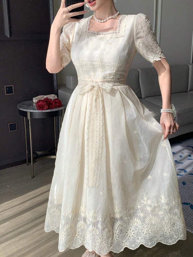Casual Lace Embroidery Dress, French Style Slimming Summer Dress For Women Sun Dresses For Women