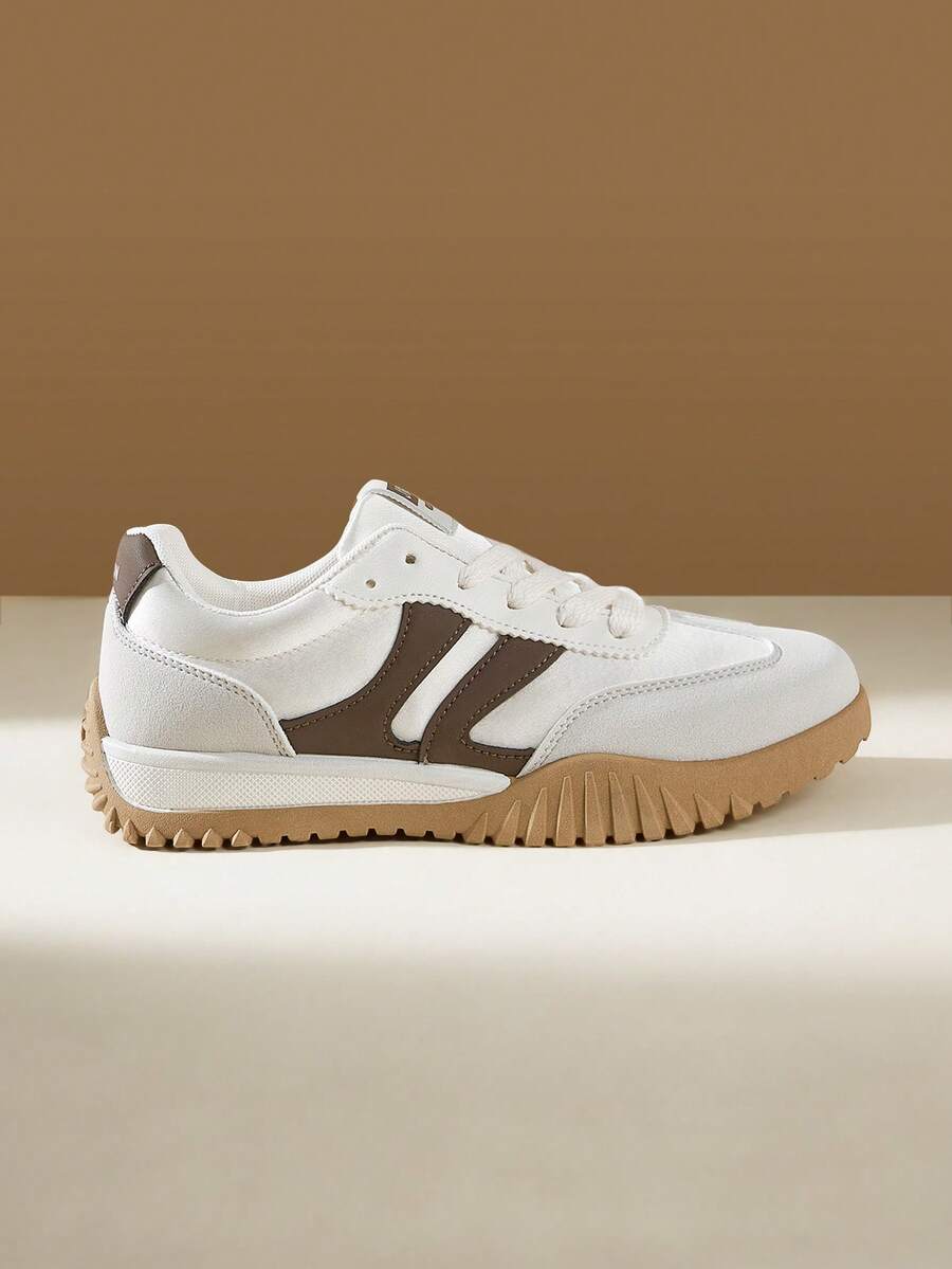 CUCCOO EASI 撞色纯色学院风休闲运动鞋，棕色拼接系带平底休闲鞋，复古时尚户外运动跑步鞋 - 棕色1 - 查看 1