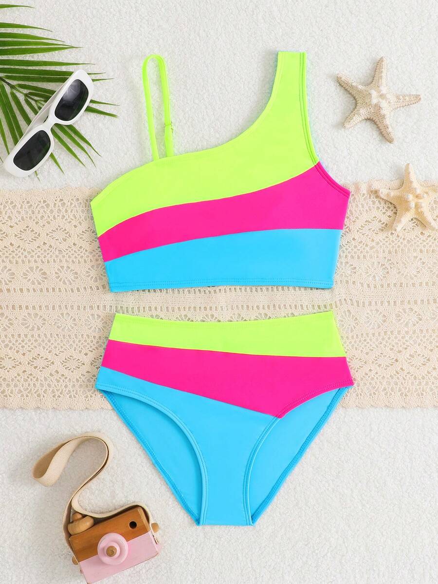 SHEIN Tween Girls Bikini Sets,Blue Colorblock Knit Fabric Halter Tankini Two-Piece Swimwear For Teenagers,Summer Beach Holiday,Full Coverage Bathing Suits - Multicolor - View 1