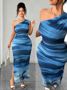 Elenzga Vestido midi feminino plus size com estampa tie-dye floral, decote assimétrico, modelagem justa, sem mangas e franzido. Ideal para primavera/verão, com um ombro só e detalhe franzido. Perfeito para festas, Dia dos Namorados, passeios, Dia das Mães, festivais de música e férias. - Azul - Ver 9