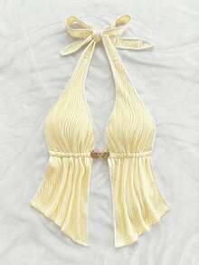 Soleia 性感V领金属装饰露背荷叶边红色纹理面料女士吊带背心，适合海滩度假、约会、下午茶、假期、音乐节、波西米亚风等场合。 - 淡黃色 - 查看 4