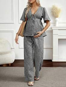 SHEIN 2pcs Set: Lace-Up Plaid Blouse & Wide Leg Pants - Black - View 5