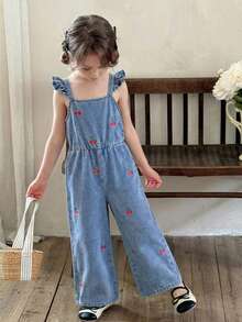 LMoss Kids Young Girl Cherry Print Ruffle Armhole Loose Wide Leg Denim Jumpsuit, Spring/Summer,Summer Outfits,Casual And Fashionable Vacation Outfits,Street Wear,2000s Style ,Comfortable And Soft Denim,Comfortable And Soft Denim   Jumpsuit,Girl Jumpsuit - Light Wash - View 4