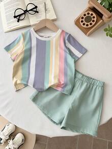 LMoss Kids 2件套男婴休闲学院风度假舒适时尚简约百搭柔软宽松韩版条纹彩色针织短袖上衣和绿色短裤，适合日常、上学、度假、节日聚会、春夏穿着。 - 彩色 - 查看 6