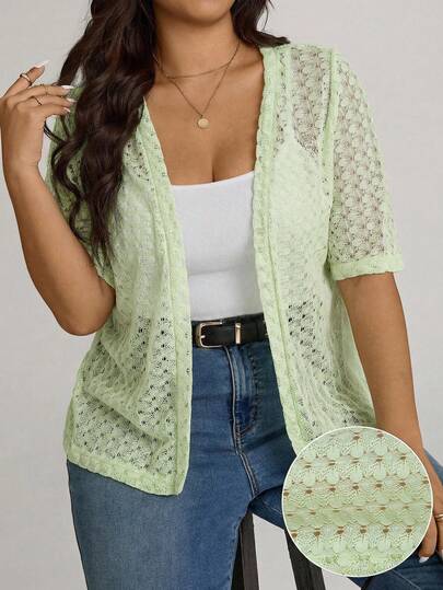 Comfylo Plus Size Casual Solid Color Jacquard Knit Cardigan, Spring/Summer