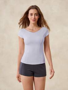 OutZeal Áo tập gym nữ, áo thun thể thao màu trơn, mùa hè xuân, tennis, yoga, áo casual, thoáng mát, ôm sát, tay ngắn, giúp kiểm soát vòng bụng, thích hợp cho hoạt động thể thao. - Màu tím - Xem 5