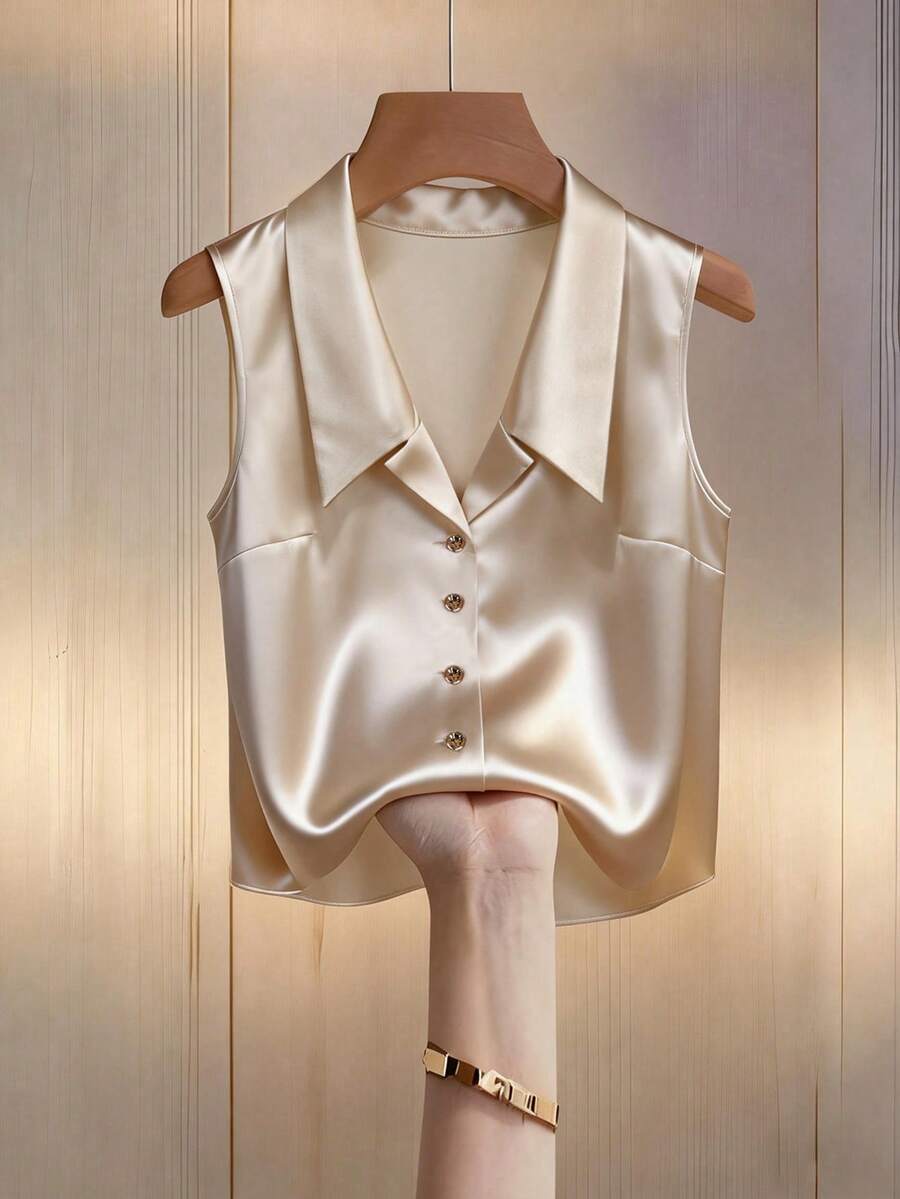 Franclia 女士加大码缎面翻领无袖纽扣衬衫 - 杏色 - 查看 1