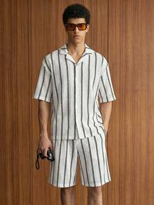 SWAVVY 男士条纹 Polo 领单排扣短袖衬衫上衣和短裤休闲日常穿搭 - 灰色 - 查看 5