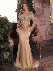 Glamrae 大码优雅奢华刺绣亮片蕾丝缎面拼接透视性感美人鱼长裙，侧开衩，适合婚礼、派对、度假、舞会、晚礼服（重工装饰） - 香檳色 - 查看 8