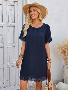 EMERY ROSE Đầm ngắn nữ màu trơn, viền ren, kiểu dáng thường ngày, thích hợp cho kỳ nghỉ. - Xanh đậm - Xem 4