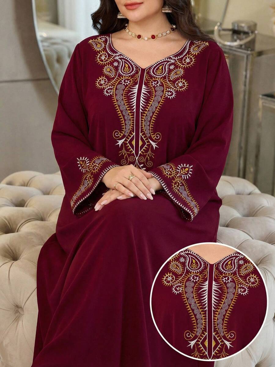 Al Najma 大码女士优雅刺绣阿拉伯风格连衣裙 - 酒紅色 - 查看 1