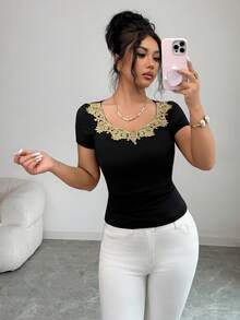 GlowEve Elegant Summer Knitted T-Shirt For Women - Black - View 7